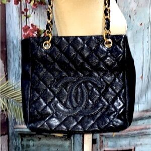 Authentic Chanel Caviar Quilted Petit Shopping Tote Black